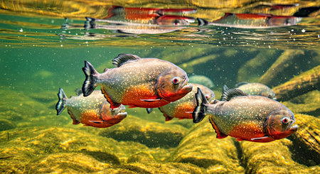 Red Bellied Piranhas Swim Together in Sunny Clear Tropical Stream Environment