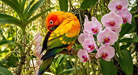 Sun Conure Preening Vibrant Feathers Amidst Cascading Orchids Tropical Flowersの写真素材