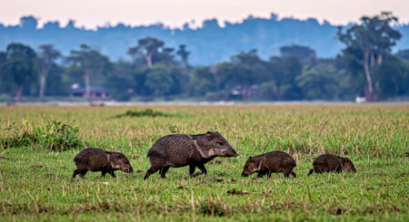White Lipped Peccary Or Small Group Environmental Portrait Broad Wild Landscapeの写真素材