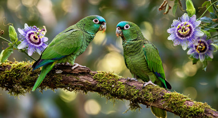Turquoise Fronted Amazon Parrot Perched Mossy Branch Turquoise Forehead Patch Gleaming