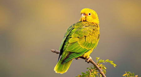 Yellow Crowned Amazon Parrot Basking In Golden Late Afternoon Sunlightの写真素材