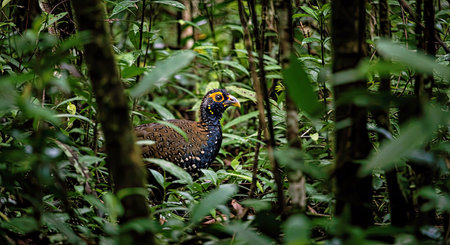 Partial View Wattled Curassow Bird Hidden In Thick Rainforest Undergrowth