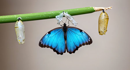Blue Morpho Butterfly Emerging From Chrysalis Time Lapse Style Image Recreationの写真素材
