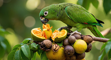 Amazon Green Cheeked Parrot Eating Ripe Fruits and Nuts From Laden Branch