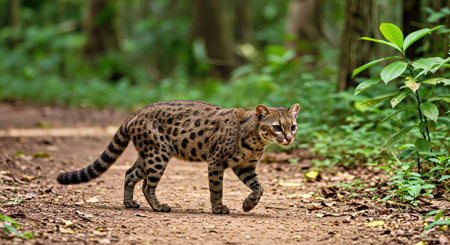 Jaguarundi Wild Cat Walking Along a Forest Path in Central Americaの写真素材
