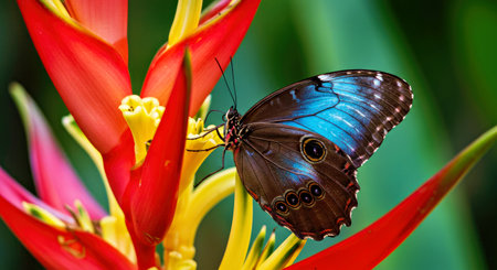 Close Up Vibrant Blue Morpho Butterfly Feeding On Red Heliconia Tropical Flower