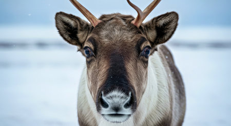 Intimate Detailed Portrait of Reindeer in Snowy Arctic Tundra