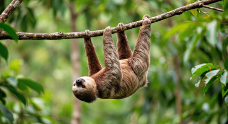 Brown Throated Three Toed Sloth Hanging High in Rainforest Canopyの写真素材