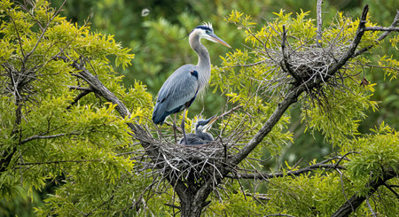 Great Blue Heron On Nest High Up In Cypress Tree Family Scene