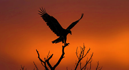 Silhouette of Majestic Eagle Landing Bare Tree Branch Against Sunset Sky