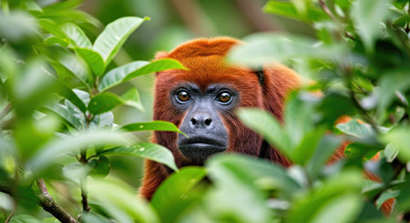 Curious Red Howler Monkey Observing Jungle Through Dense Green Foliage Leaves