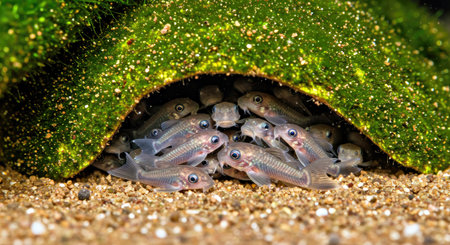 Intimate Close Up of Pleco Fry Baby Catfish Clustered in Caveの写真素材