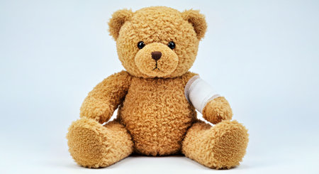 Cute Teddy Bear Toy Wearing a Bandage Symbolizing Childhood Injury or Healthcare Concept