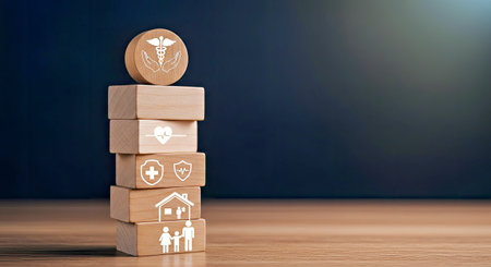 Choosing Wooden Toy Stack Symbolic of Family Health Wellness Medical Care and Insurance Optionsの写真素材
