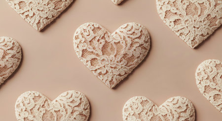 Romantic Lace Heart Paper Cutouts with Gentle Shadow Overlay Textureの写真素材