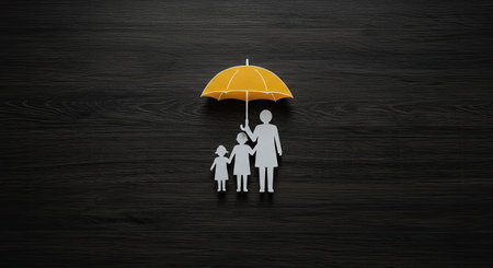 Family Life Insurance Concept Umbrella Protection on Dark Wood
