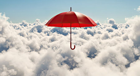 Surreal red umbrella drifting gently through soft atmospheric white clouds and vast open blue sky