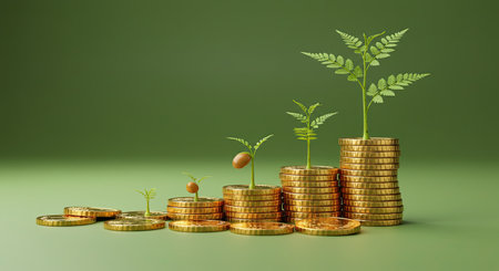 Financial Growth Illustration Plant Sprouting from Coin Stack Green Backdrop
