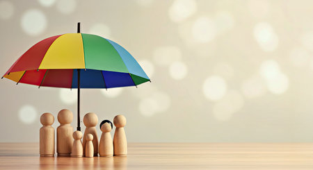 Family protection insurance concept umbrella wooden dolls copy spaceの写真素材