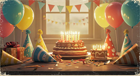 Authentic vintage birthday card style background with aged paper texture and elementsの写真素材