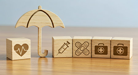 Health insurance planning concept wooden blocks medical icons umbrella protection