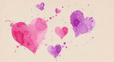 Lovely watercolor splash hearts on a beautiful textured paper background surface