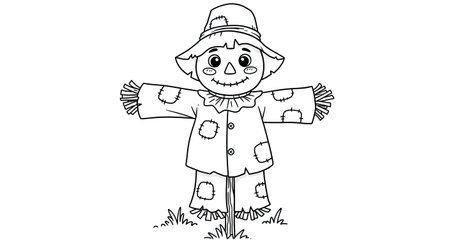 Charming Cartoon Scarecrow Illustration with Friendly Smile for Engaging Kids Autumn Coloring Sheetsのイラスト素材