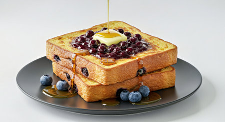 Delicious Blueberry French Toast with Butter on Black Plate over White Backdrop