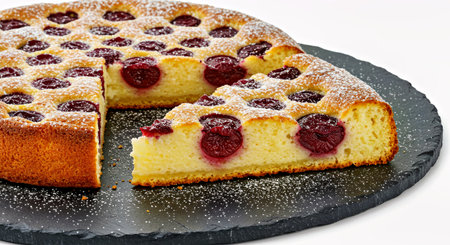 Delicious Cherry Clafoutis Slice Dusted with Icing Sugar on Slate Plate