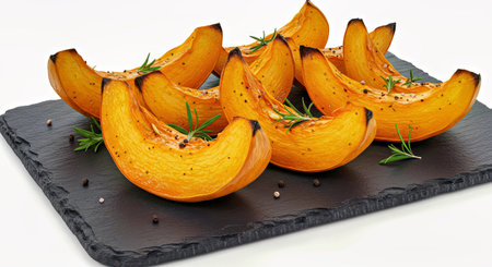 Flavorful Roasted Pumpkin Wedges on Slate Tray White Backgroundの写真素材