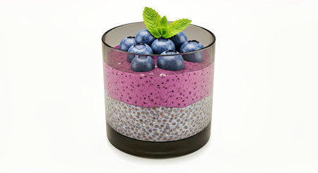 Nutritious Blueberry Chia Seed Pudding in Dark Glass against White Backdropの写真素材
