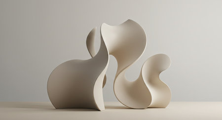 Abstract Modern Sculpture Displayed on a Wavy Organic Beige White Background
