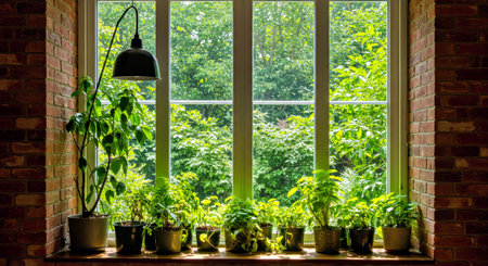 Green Plants Large Window Brick Wall Stylish Design