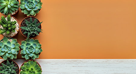 Various Succulents Minimalist Background White Painted Wooden Deskの写真素材