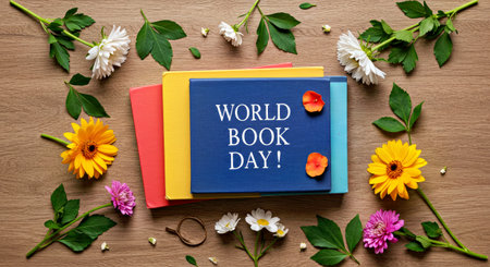 Vibrant Flat Lay World Book Day Novels Blooms Copy Space