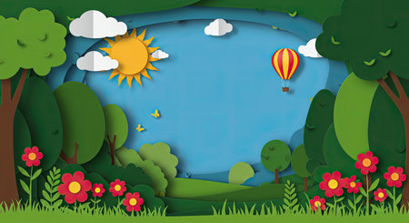 Paper art style of nature landscape with hot air balloon flying in the sky.