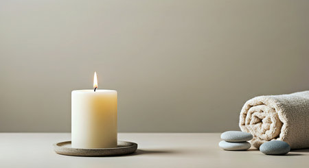 Spa still life with burning candle, stones and towel on white tableの写真素材