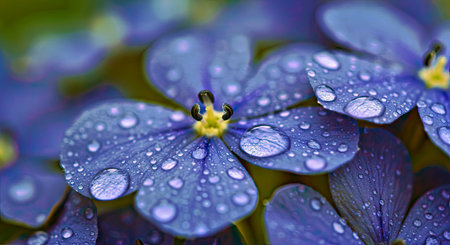 Beautiful blue flowers with raindrops on the petals close-upの写真素材