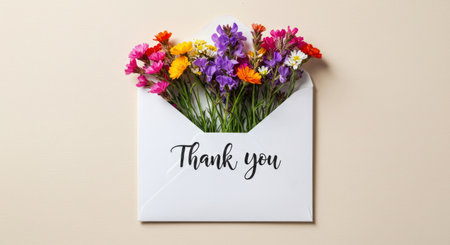 Bouquet of colorful flowers in an envelope with thank you message
