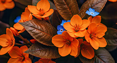 Bouquet of orange and blue flowers on a dark background.の写真素材