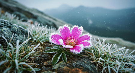 pink flower in the mountains covered with hoarfrost and snowの写真素材