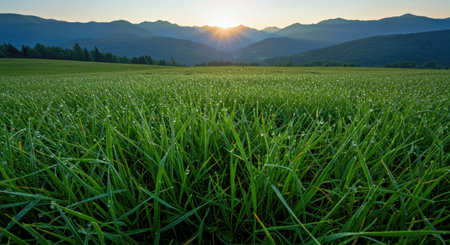 Sparkling Dew Covered Grass Blades Mountain Fieldの写真素材