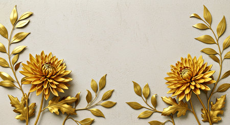 Golden chrysanthemum flowers and leaves on textured backgroundの写真素材