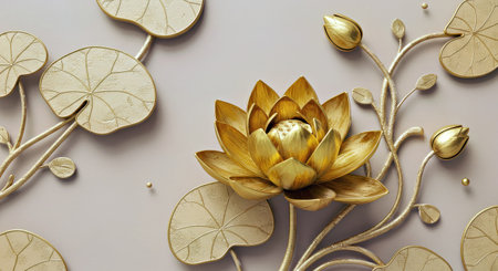 Gold lotus flower and gold leaves on white background. 3d renderingの写真素材