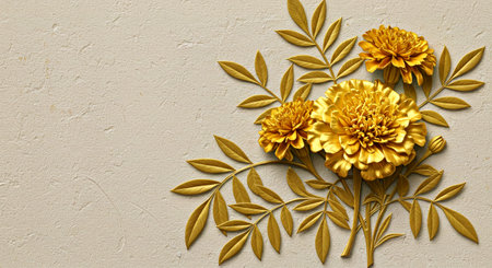 Yellow marigold flowers with leaves on a beige background.の写真素材