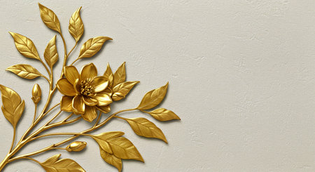 3d render of golden flower on white background with copy space.の写真素材