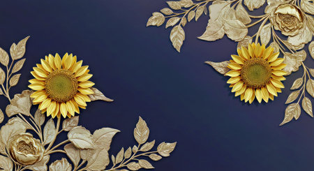Golden sunflowers on dark blue background with copy space for textの写真素材