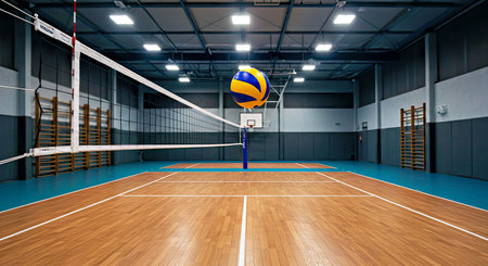 Volleyball court with volleyball ball in the gym. 3D renderingの写真素材