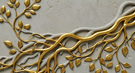 3d render, golden branches with leaves on concrete wall background.