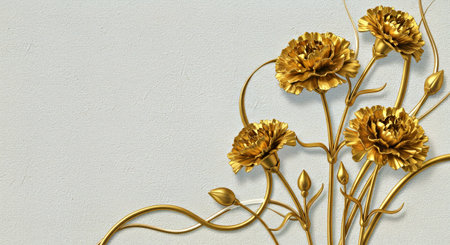 3d render of golden flowers on white background with copy space.の写真素材